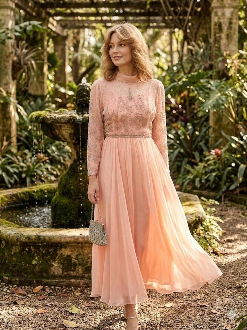 Vintage 1970s Jack Bryan Pink Chiffon Beaded Gown Long Sleeve Midi Dress Size XS
